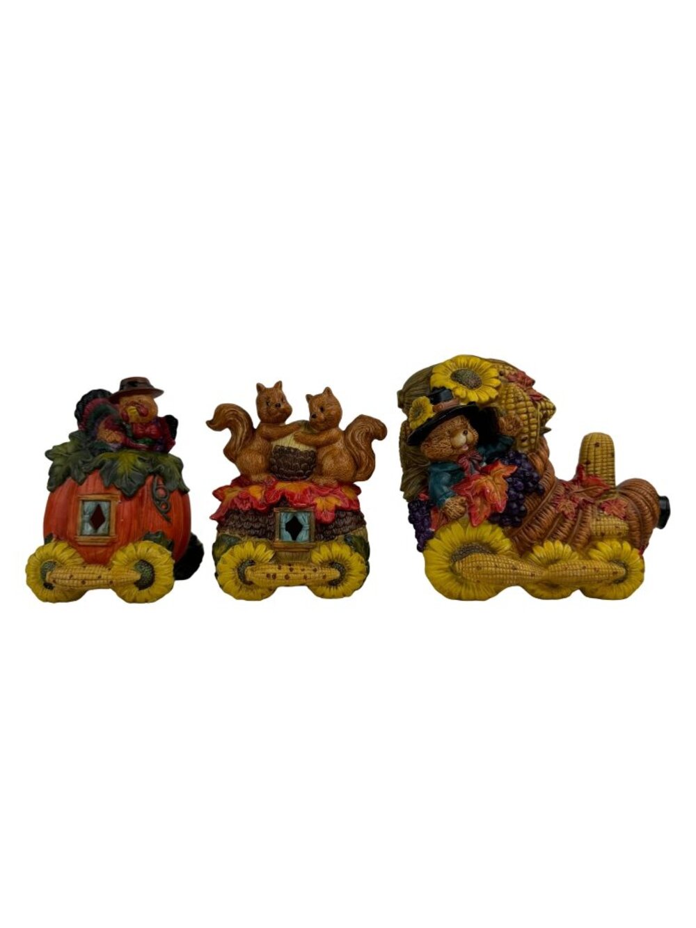 Vtg Fall Harvest Ceramic Lighted Train Figurine 3 pc Cornucopia Turkey Squirrels